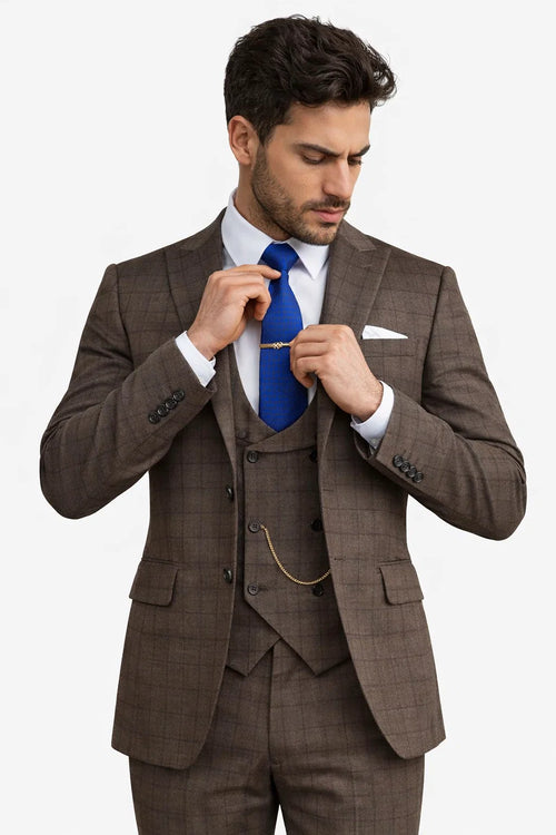 Men’s Brown 3-Piece Slim Fit Suit – 2 Button Peak Lapel Jacket with Double Breasted Vest & Flat Front Pants