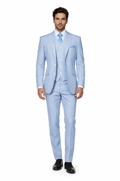 Mens 2 Button Vested Summer Seersucker Suit in Blue