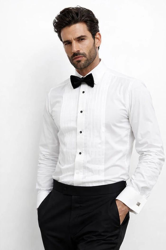 Classic Tuxedo MEN'S REGULAR FIT POINT COLLAR HALF-INCH PLEAT WHITE TUXEDO SHIRT & BOWTIE SET