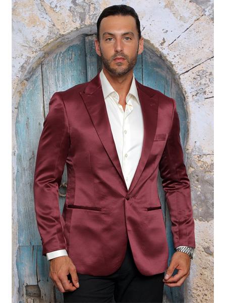 Men's Shiny Flashy Satin Solid Blazer ~ Sport Coat Burgundy Available in 2 buttons mensusa