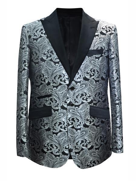 Men's Grey ~ Gray Silver Black / White Paisley Pattern Blazer mensusain