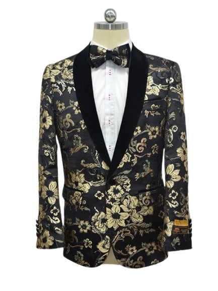 Black And Gold Two Toned Paisley Floral Blazer Tuxedo Dinner Jacket Fashion Sport Coat by MensItaly