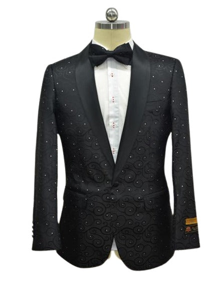 Black Two Toned Paisley Floral Blazer Tuxedo Dinner Jacket Fashion Sport Coat + Matching Bow Tie by mensitalyin