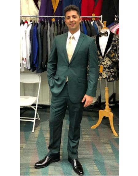 Men's Green Two Button Flap Front Pockets Suit mensusa