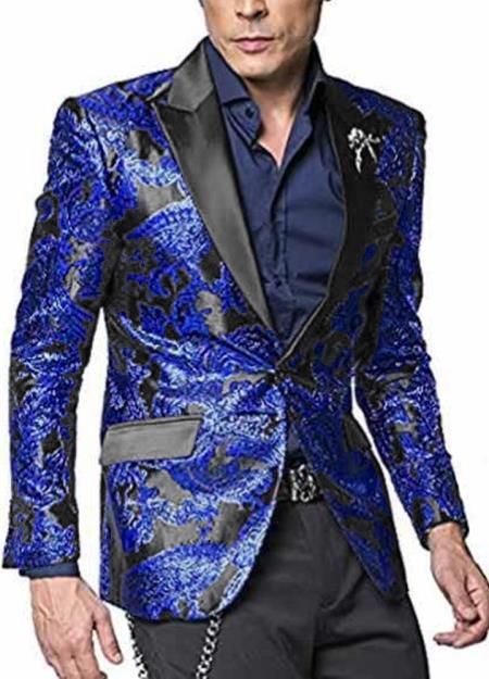 Men's Black/Blue Peak Label Floral Satin Shiny Fashion Blazer mensusain