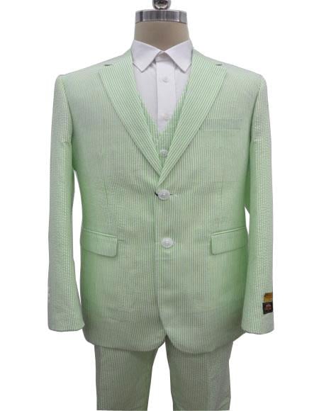 Men's Notch Label Green Colour Summer Seersucker Fabric Jacket + Pants 3 Piece Suit mensusain
