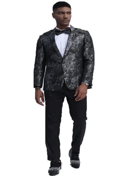 Black and Silver Floral Pattern Blazer Perfect for Wedding by mensusain