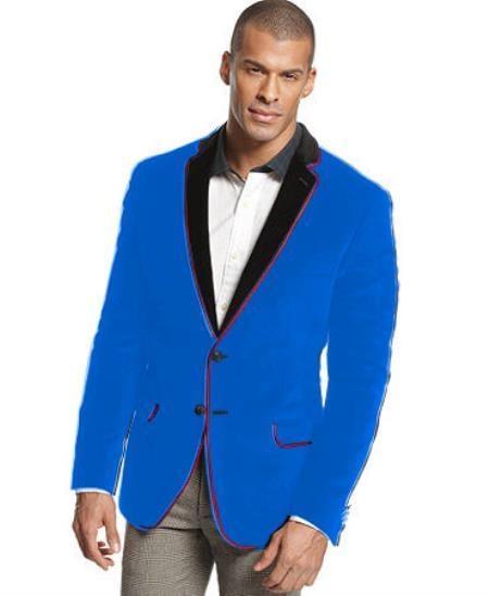 velour Men's blazer Jacket Velvet Formal Sport Coat Two Tone Trimming Notch Collar French Blue by mensusain