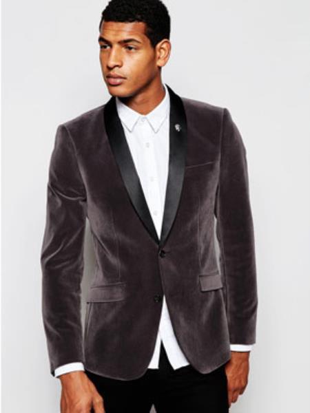Men's Grey Gray Velvet Black Lapeled Shawl Collar tuxedo by mensitalyin