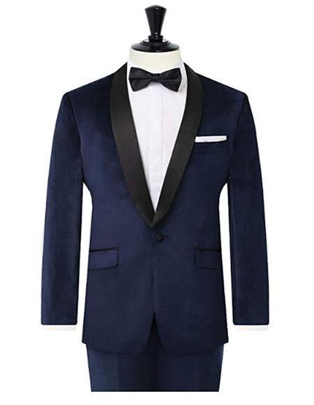 Men's Navy Shawl Lapel Side Vents Velvet Velour Blazer