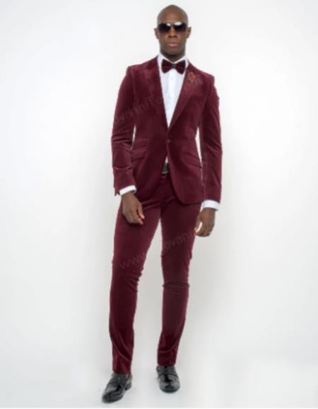Burgundy Modern Stylish Ensemble Velvet Suit