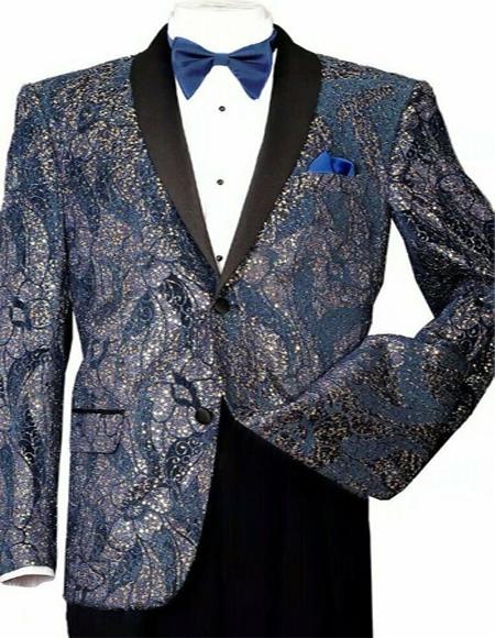 T816 Men's Shiny Sequins Slim Blazer Paisley Tuxedo Jacket Blue/Gold mensusain