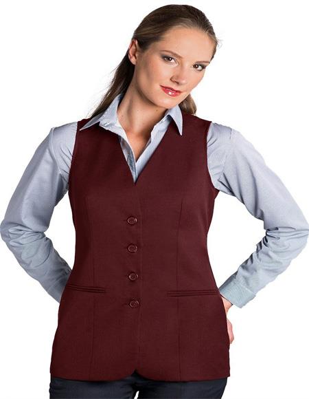 Four Button Solid Pattern Burgundy Women Vest Sleeveless Blazer mensusain