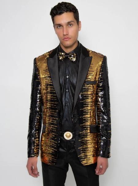 Black and Gold Sequin Tuxedo - Fashion Fancy Blazer + Matching Bowtie by mensusain