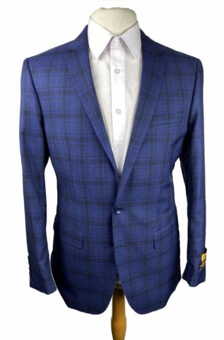 Men's Slim Fit Blazer - Plaid Sport Coat - Blue Blazer - Windowpane Navy Blazer mensusain