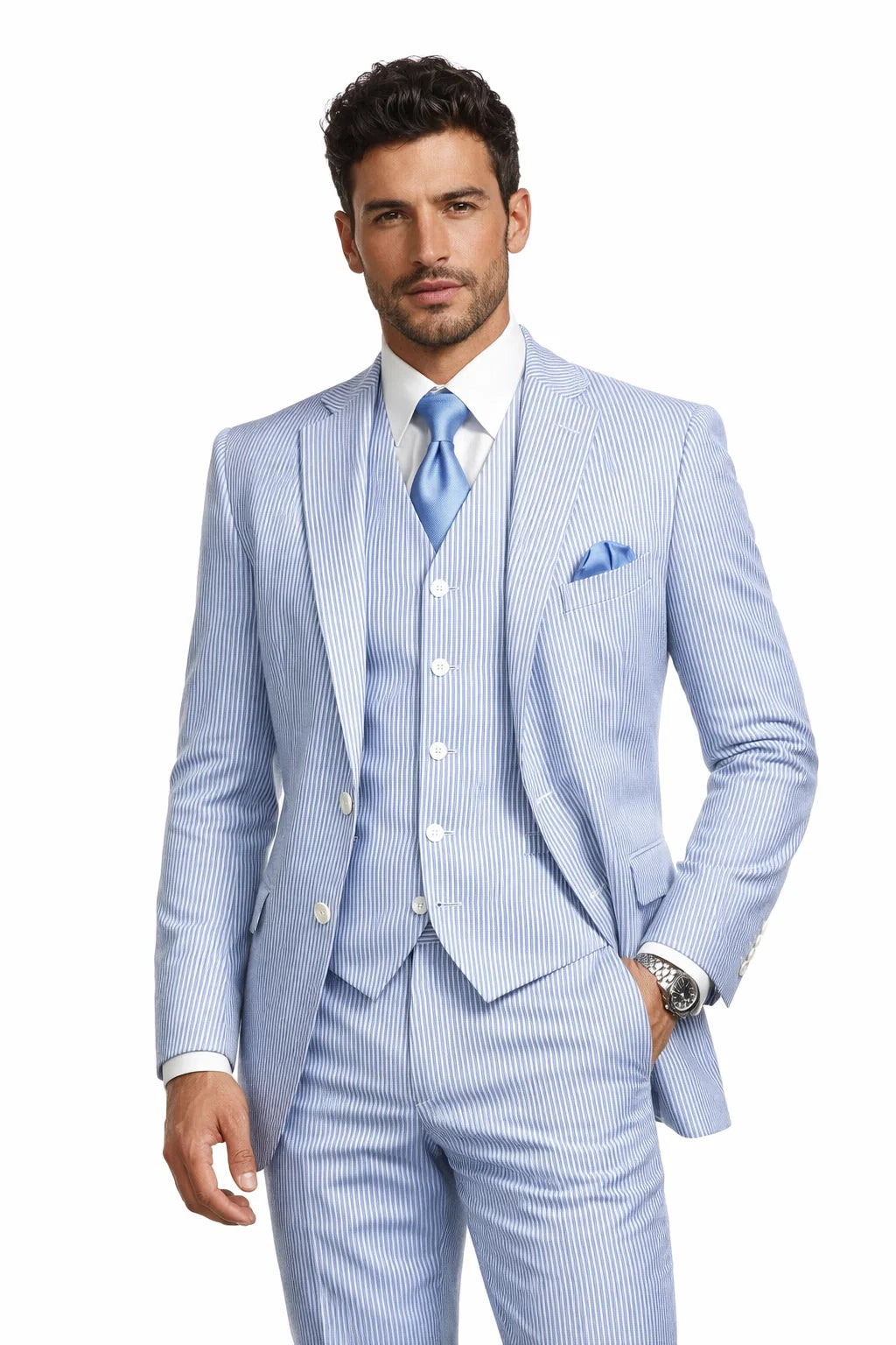 Mens 2 Button Vested Summer Seersucker Suit in Blue