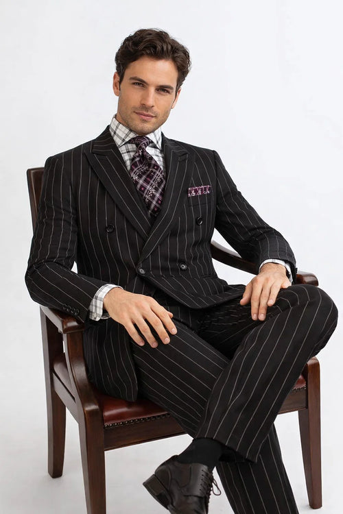 1920s Double Breasted Pinstripe Suit in Black from Vinci Suits