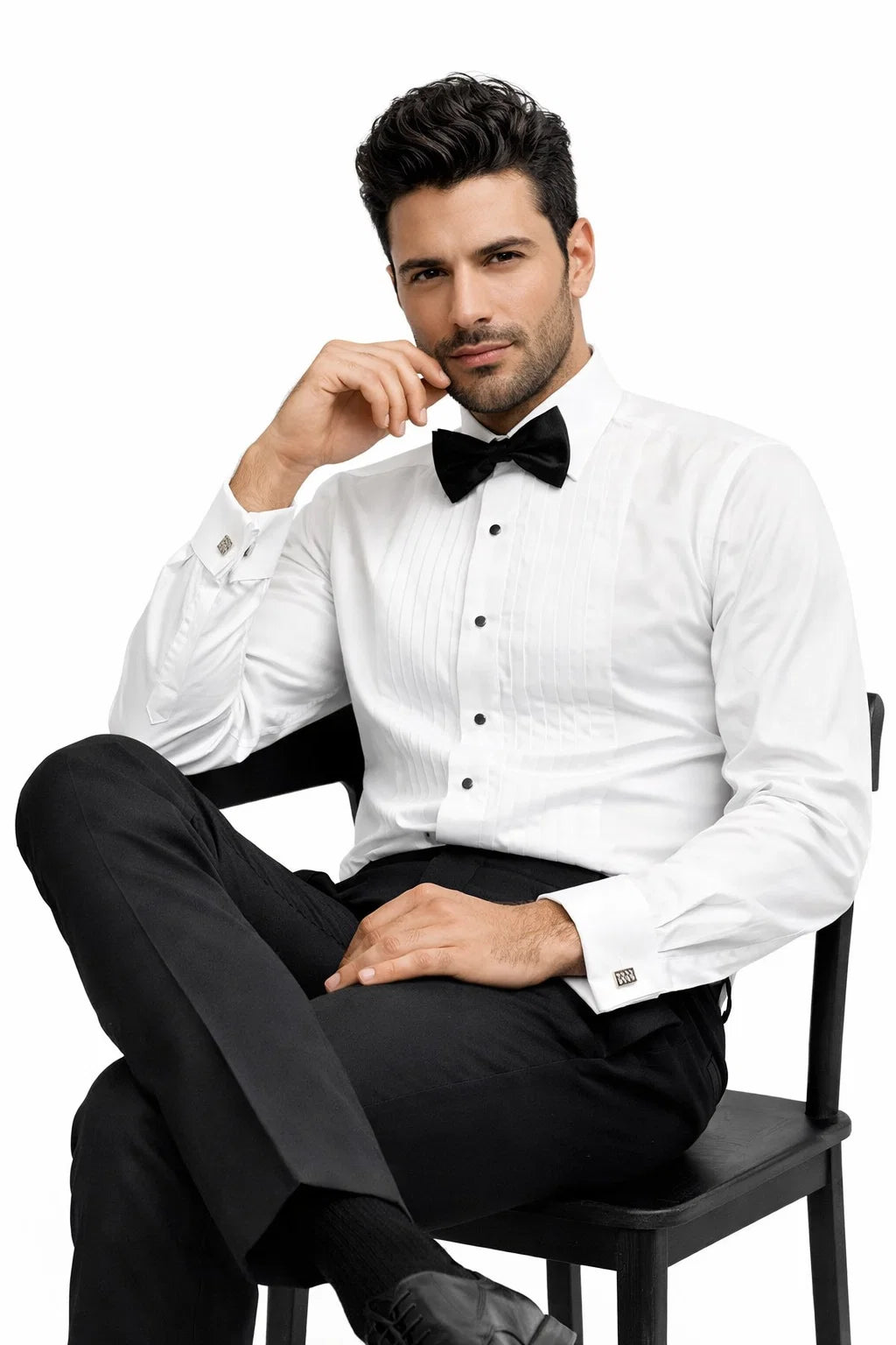 Classic Tuxedo MEN'S REGULAR FIT POINT COLLAR HALF-INCH PLEAT WHITE TUXEDO SHIRT & BOWTIE SET
