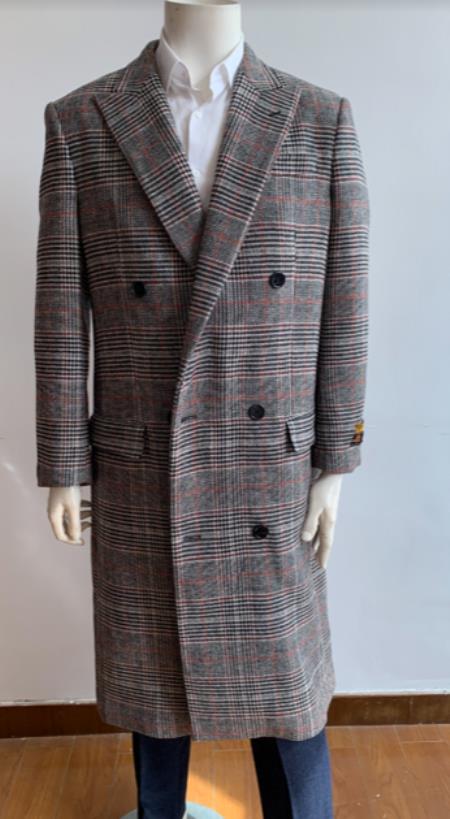 Glain plaid - Windowpane - Checkered Pattern Double Breasted Style Double Breasted Overcoat - Top Coat - Full Length Coat Gray by mensusain