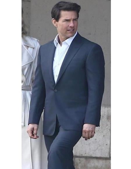 Mens Tom Cruise Suit Single Button Closure Peak Lapel Collar Blue Suit