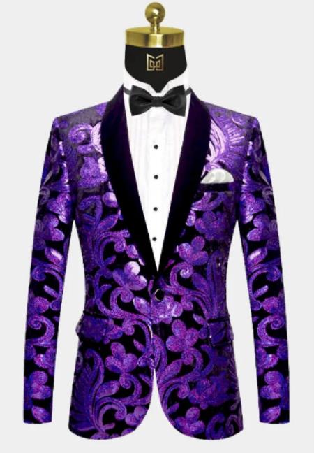 Men One Button Black and Purple Velvet Tuxedo Jacket with Sequins