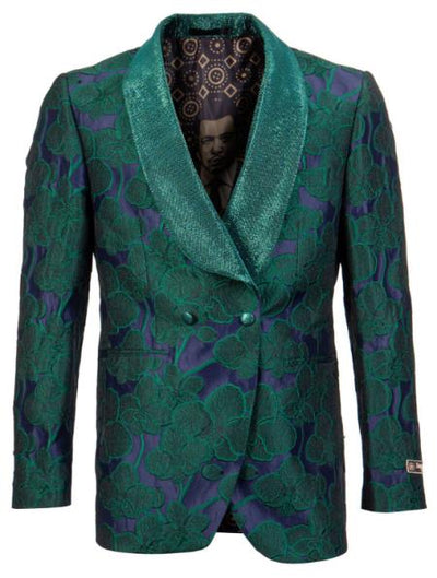 Mens Green Tuxedo Jacket with Floral Pattern Shawl Lapel Double Breasted - Blazer by mensusain