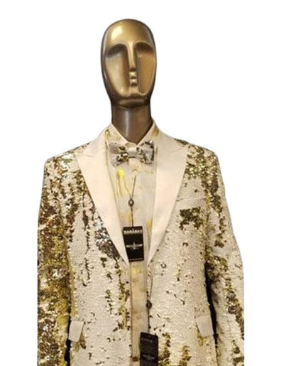 Men's Fashion Shiny Sequin Paisley Blazer Sport coat Tuxedo Jacket White ~ Gold mensusain