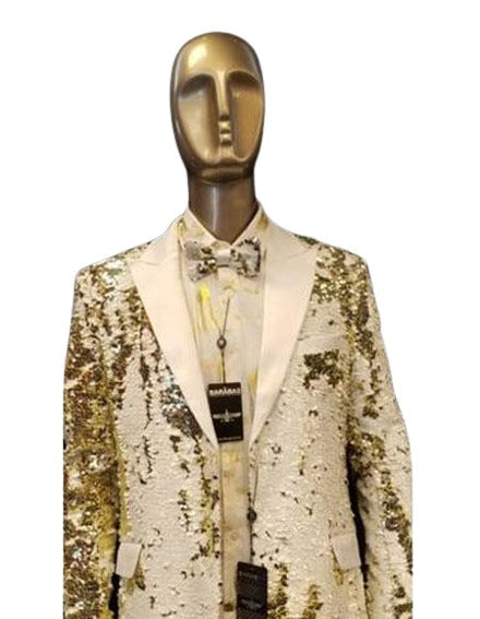 Men's Fashion Shiny Sequin Paisley Blazer Sport coat Tuxedo Jacket White ~ Gold mensusain