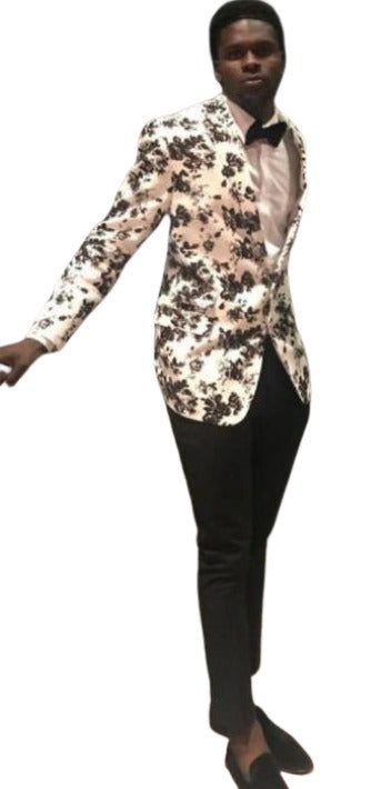 White and Black Floral Blazer - Dinner Jacket - Sport Coat - Linen Blazer by mensusa