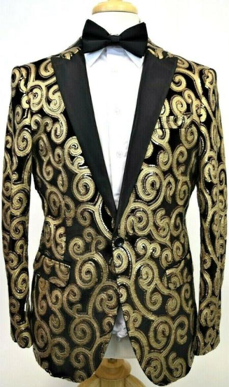 Mens Single Breasted 1 Button Fancy Blazer Black ~ Gold by USA Men's Outlet