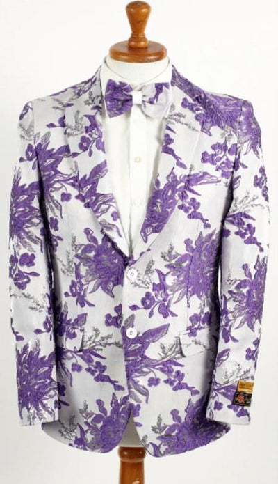 Mens White And Lavender Purple 2 Button Floral Paisley Prom And Wedding Blazer