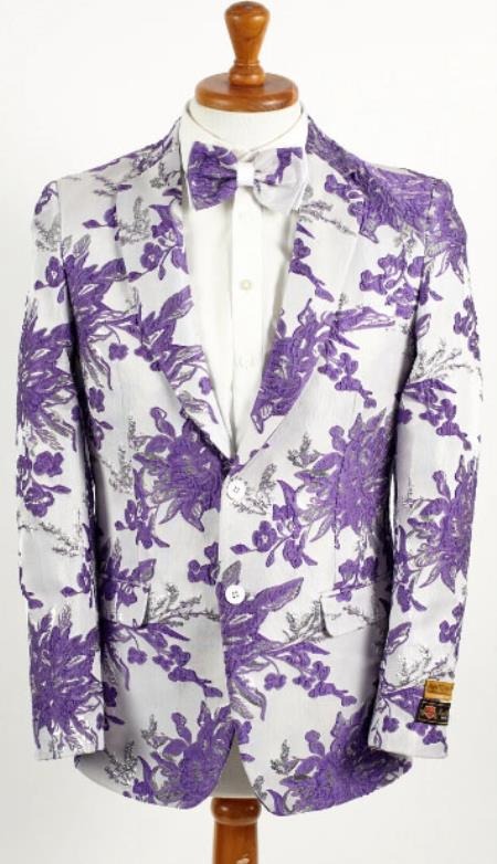 Mens White And Lavender Purple 2 Button Floral Paisley Prom And Wedding Blazer