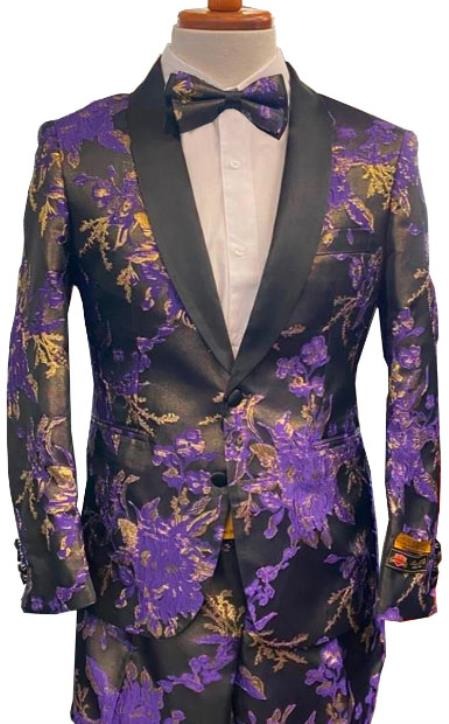 Mens Floral Prom Tuxedo In Purple Package W/ Matching Pants And Bowtie by PROMTUXEDO