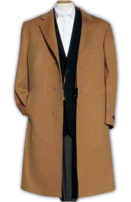 Men’s Camel Overcoat - Classic Single Breasted Wool Long Coat with Peak Lapel by USA Men's Outlet