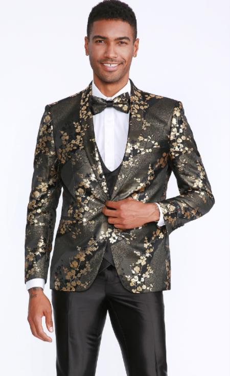 Black and Gold Blazer - Paisley Floral Sport Coat by mensusain