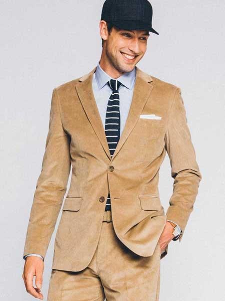 Men's 2 Buttons Style Corduroy Suit ( Blazer Sportcoat + Slacks) Tan Suit by Menssuitsatlantain
