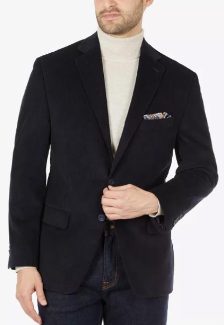 100% Cotton Stretch Men's Modern-Fit Corduroy Navy Blazer mensusa