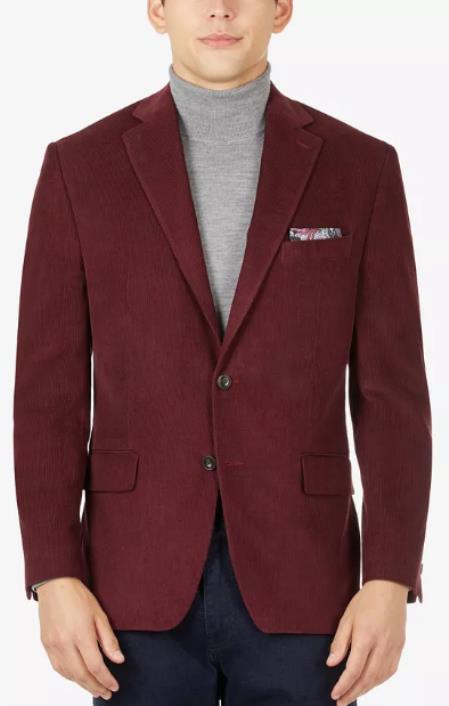 100% Cotton Stretch Men's Modern-Fit Corduroy Burgundy Blazer by mensusa
