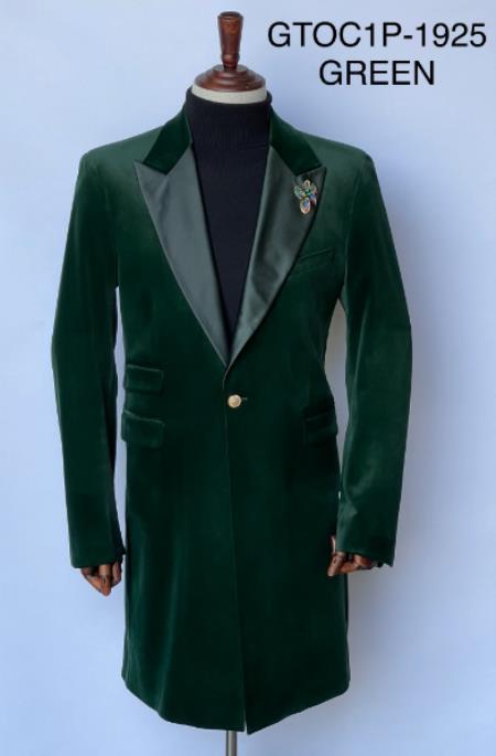 Mens Velvet Tuxedo 34 Inch Long Coat - Velvet Blazer - Three Quarter Green Dinner Jacket mensusain