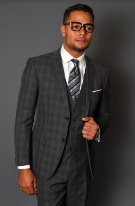 Men’s Charcoal Grey Windowpane Plaid 3-Piece Suit – Two-Button Jacket with Matching Vest and Pants