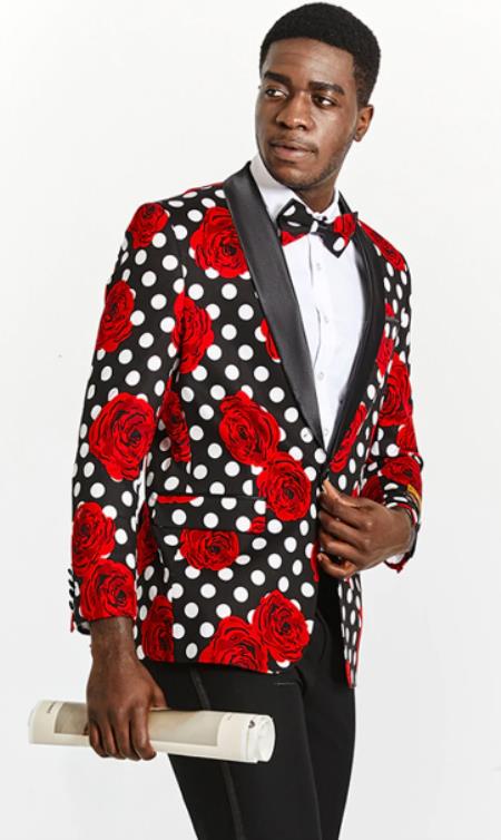 Mens One Button Black and White Polka Dot Prom 2026 Tuxedo Blazer mensusain
