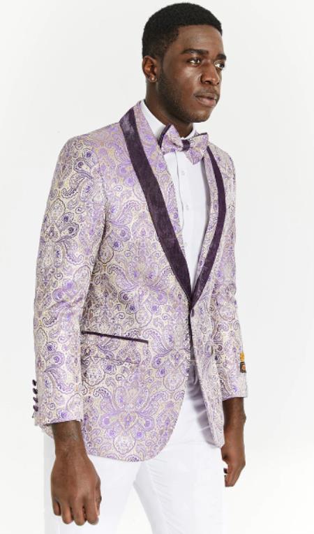 Mens One Button Ivory and Light Purple Tuxedo Blazer by mensusa