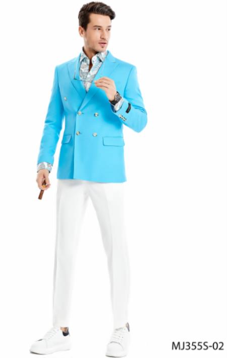 Mens Linen Blazer - Double Breasted Linen Sport Coat Blue mensusain