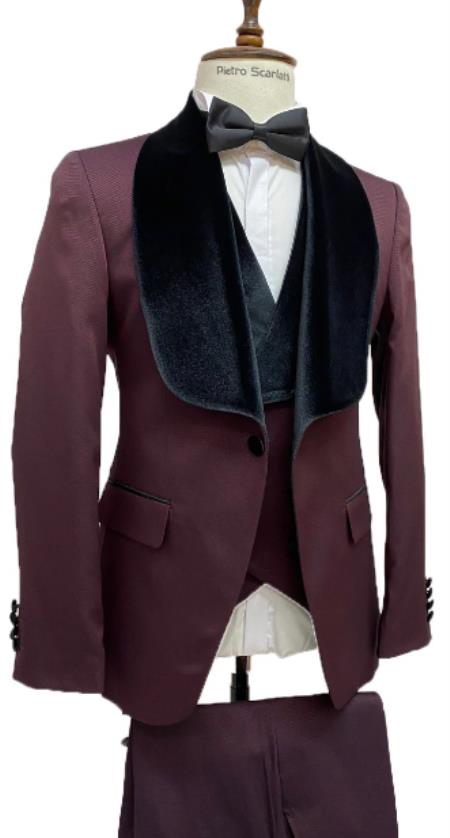 Burgundy Tuxedo Dinner Jacket Wide Velvet Tuxedo Jacket - Prom 2026 Blazer