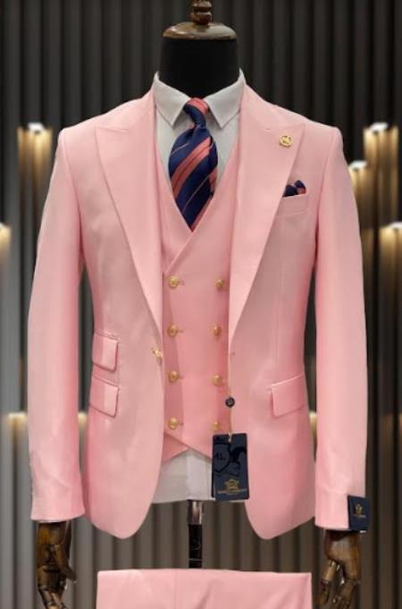 Rossiman Men’s Pink Suit - 1-Button Peak Lapel Jacket & Double-Breasted Vest - Italian Tailored 3-Piece Luxury Suit USA Men's Outlet