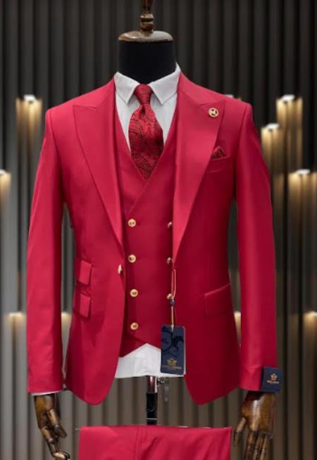 Rossiman Men’s Red Suit - Stylish 1-Button Peak Lapel Jacket & Double-Breasted Vest - Italian Tailored Luxury 3-Piece Suit USA Men's Outlet