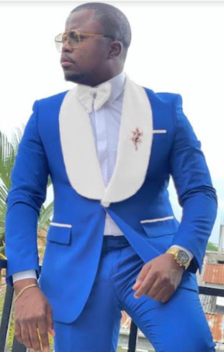 Mens Vested Designer Wide Royal Blue Velvet Shawl Tuxedo in Ivory Paisley Designer Prom Tuxedos by Designer Tuxedos