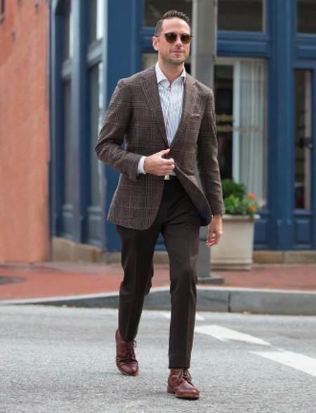 Mens Plaid Blazer - Windowpane Blazer - Textured Pattern Brown