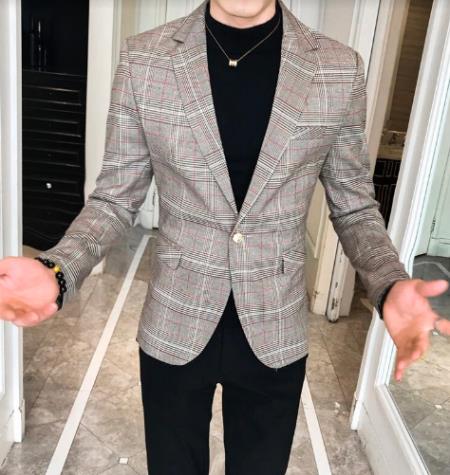 Mens Plaid Blazer - Windowpane Blazer - Textured Pattern Beige mensusain
