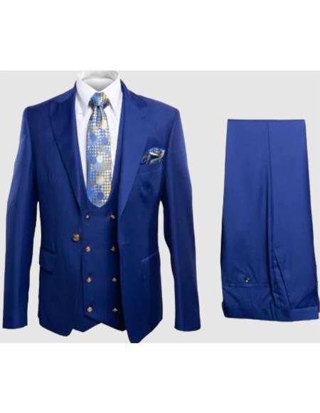 Rossiman Men’s Royal Blue Slim Fit Suit - Sophisticated Double-Breasted Design - Italian Tailored 3-Piece Luxury Suit USA Men's Outlet
